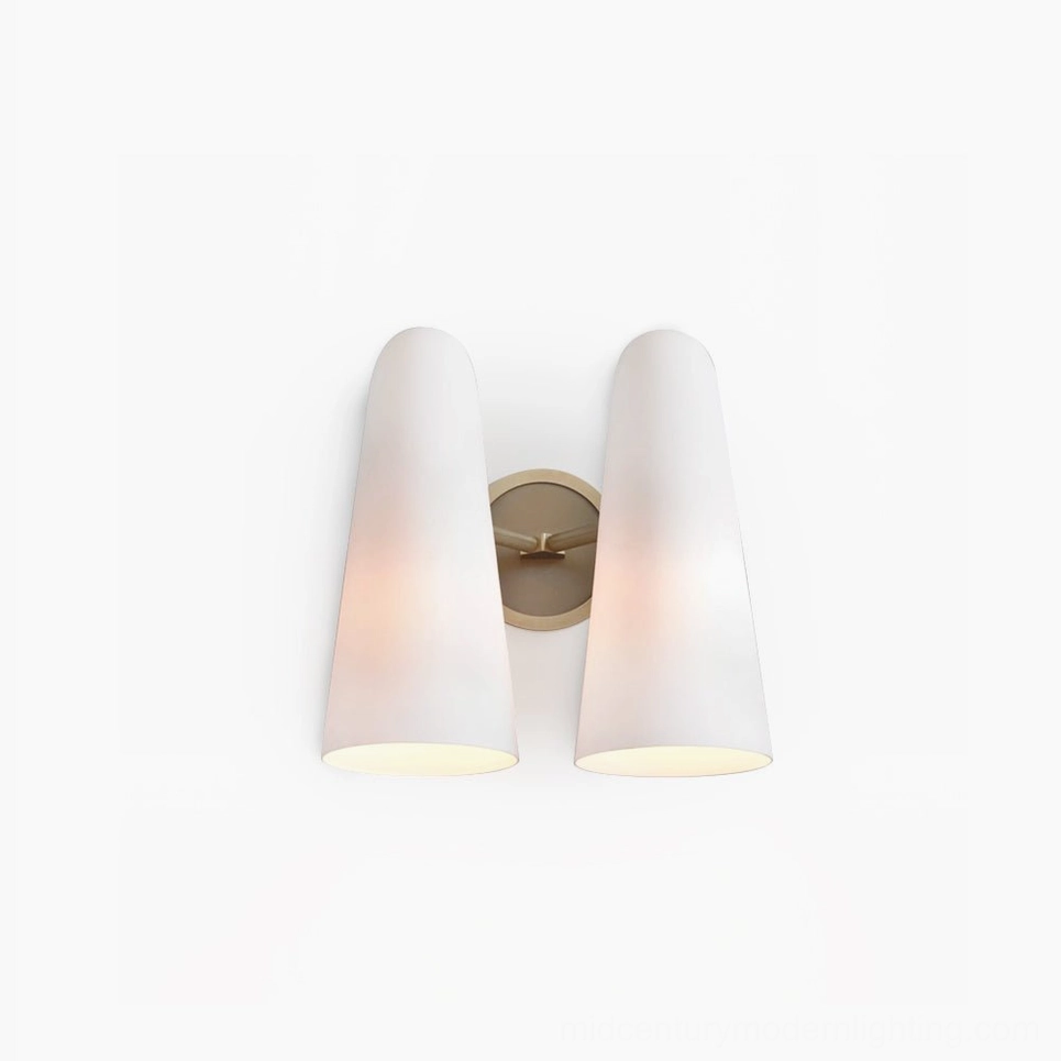 Montfaucon wall sconce front view with cone-shaped frosted glass and polished brass base mount