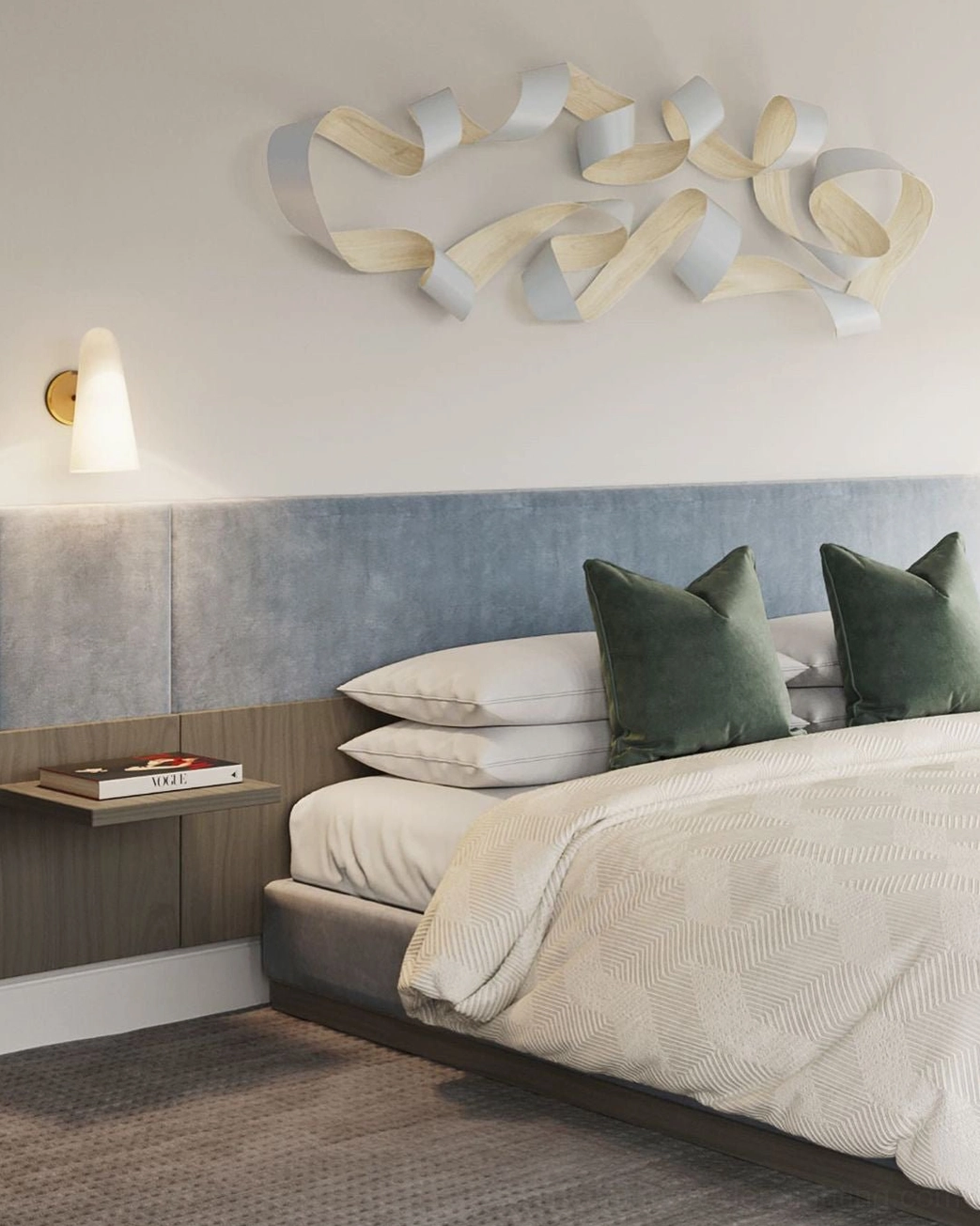 Single Montfaucon wall sconce in luxury master bedroom with brass hardware and frosted white glass beside headboard