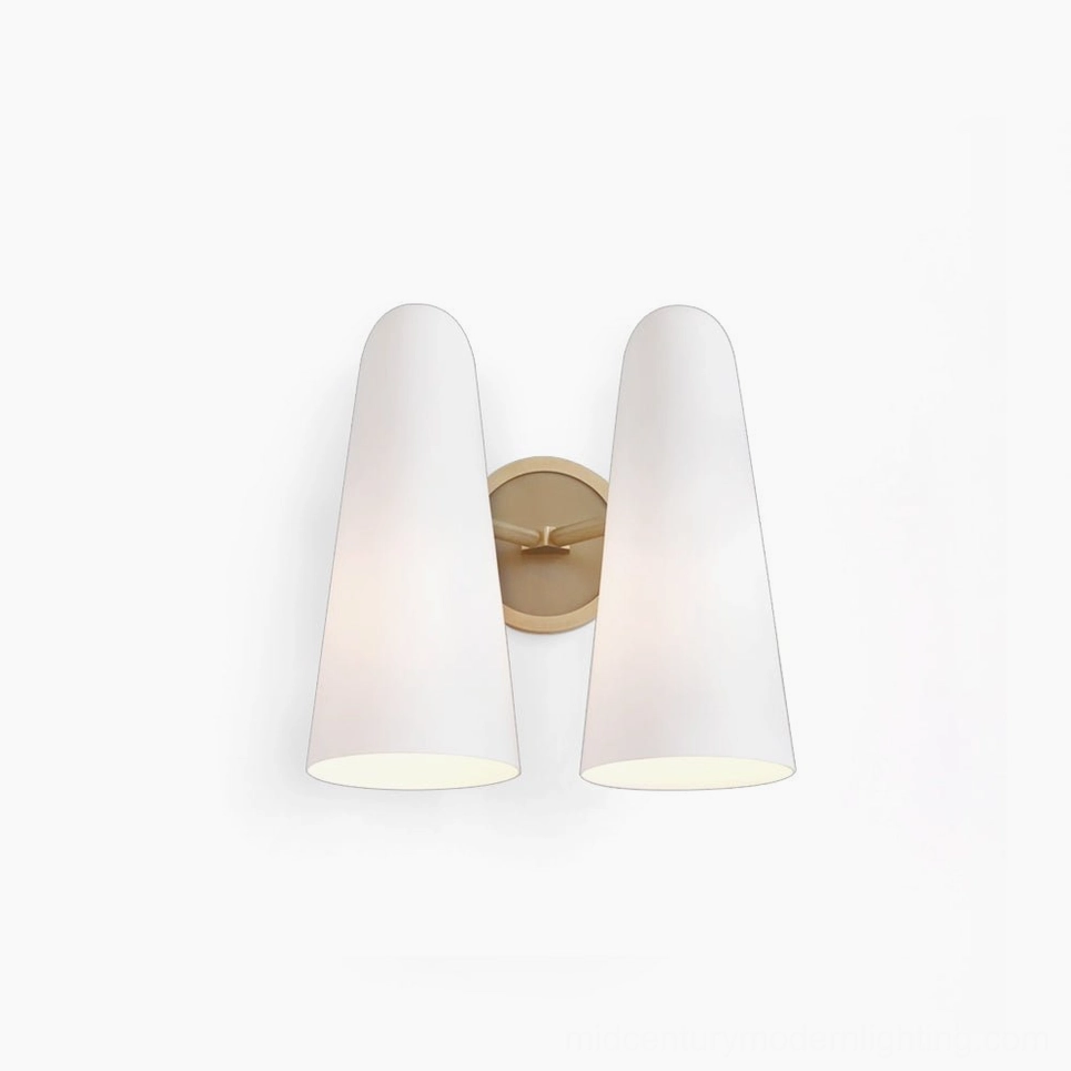 Montfaucon brass and glass wall sconce with cone-shaped frosted white glass shade and polished brass mounting bracket