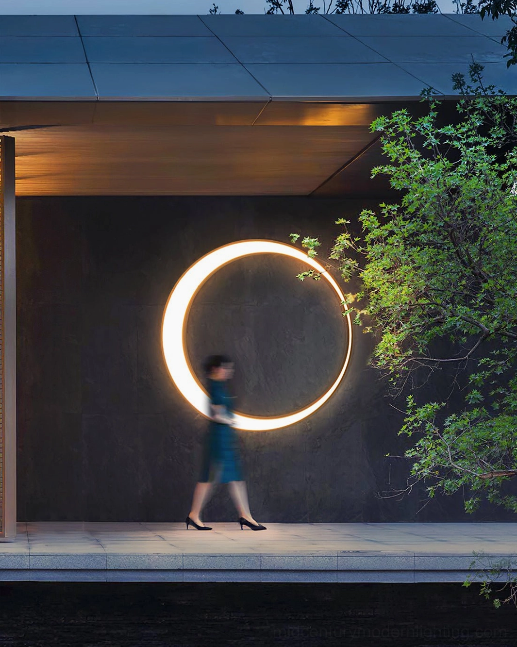 Large moon ring outdoor lamp covered walkway night illumination contemporary