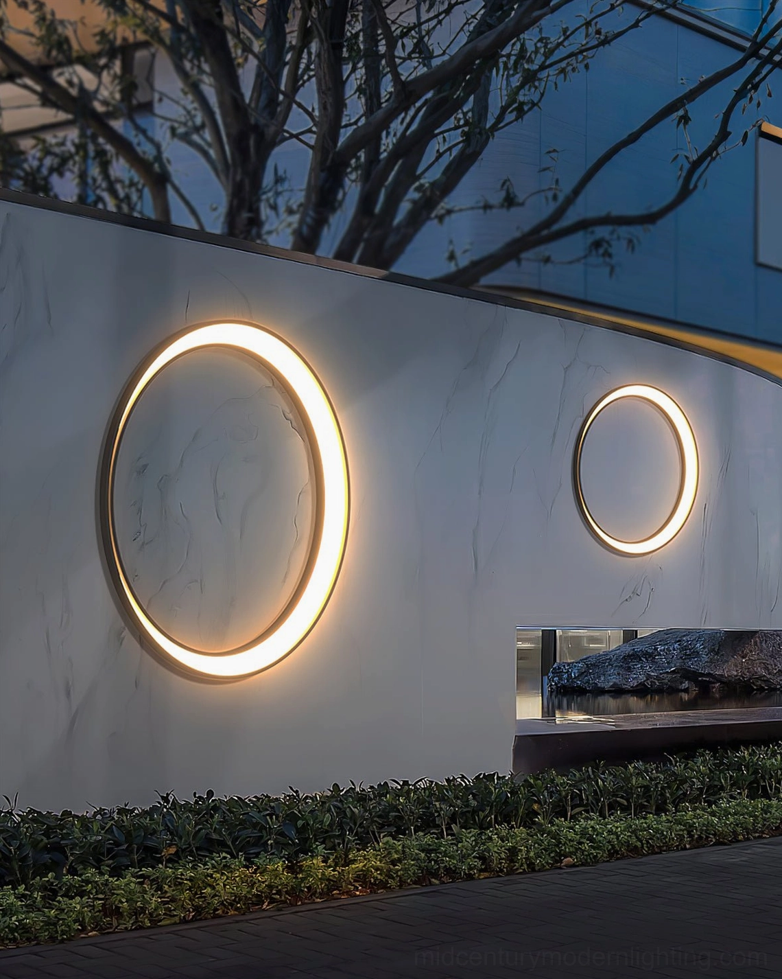 Moon ring outdoor lamp warm glow dusk evening ambiance