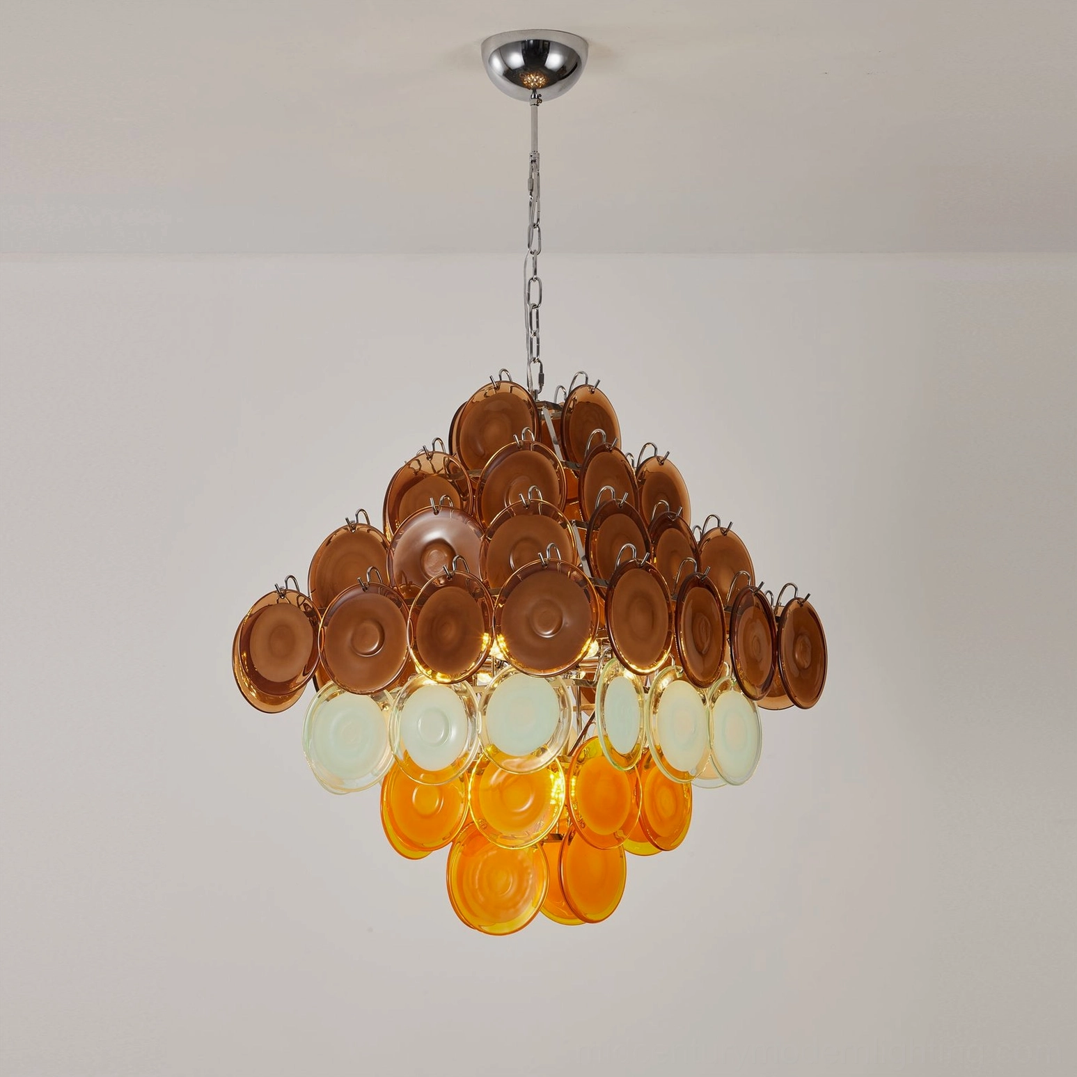 Mortimer retro glass chandelier hanging display showing tiered glass disc layers and chrome ceiling mount
