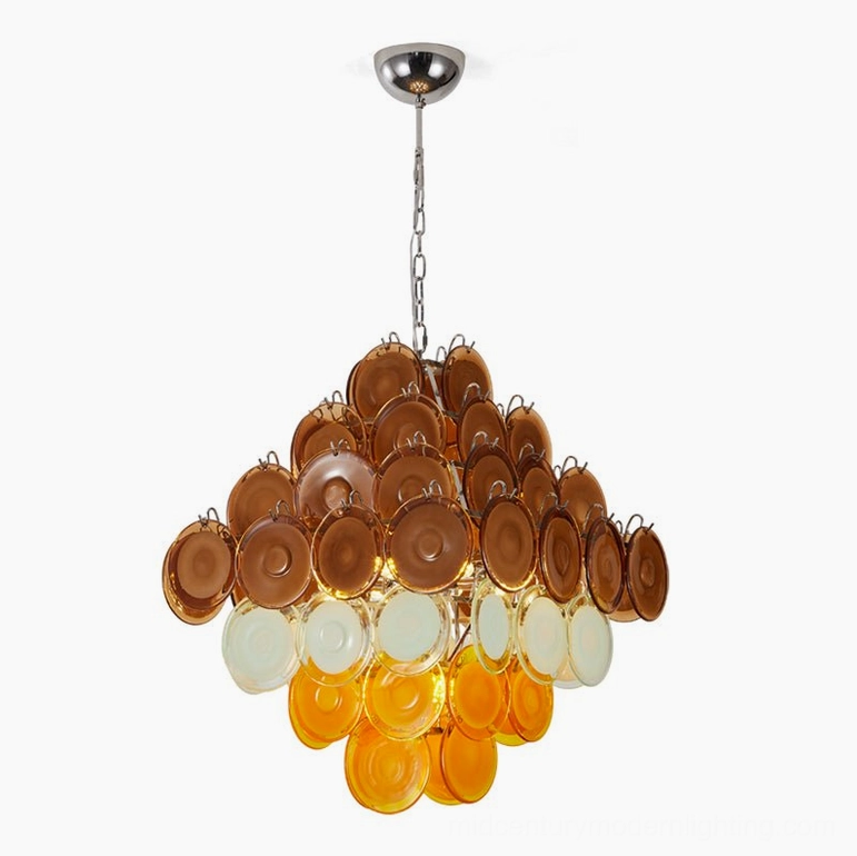 Mortimer mid-century modern glass disc chandelier complete product showcase with amber yellow and blue tones