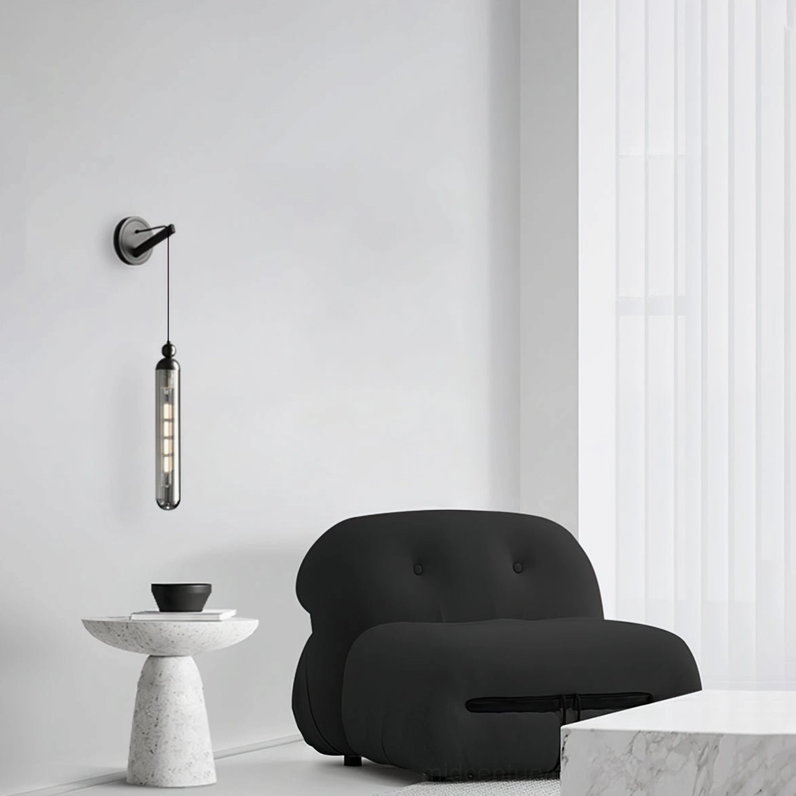 Black Mullan minimalist wall sconce with smoked glass in modern lounge area interior