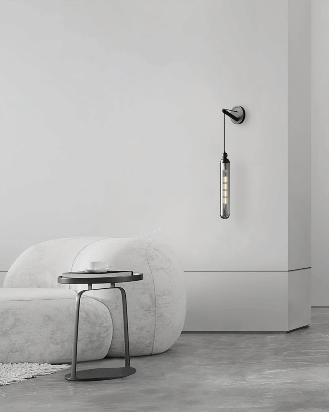 Matte black Mullan cylindrical glass wall lamp in minimalist living space aesthetic