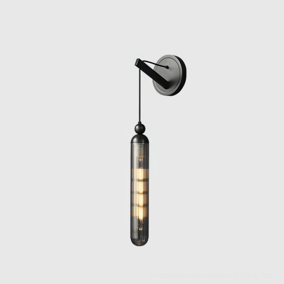 Matte black Mullan wall lamp variant with cylindrical smoked glass shade, product detail shot