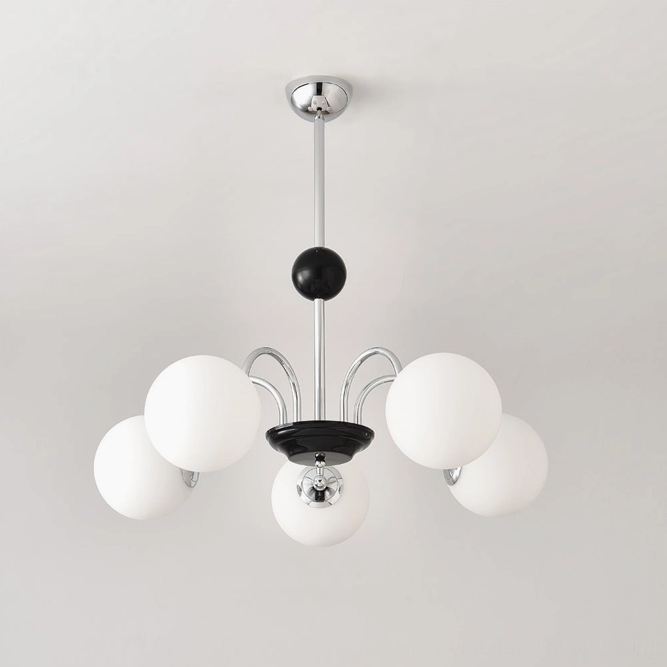 Multi-globe chandelier installation showing ceiling mount and suspension system