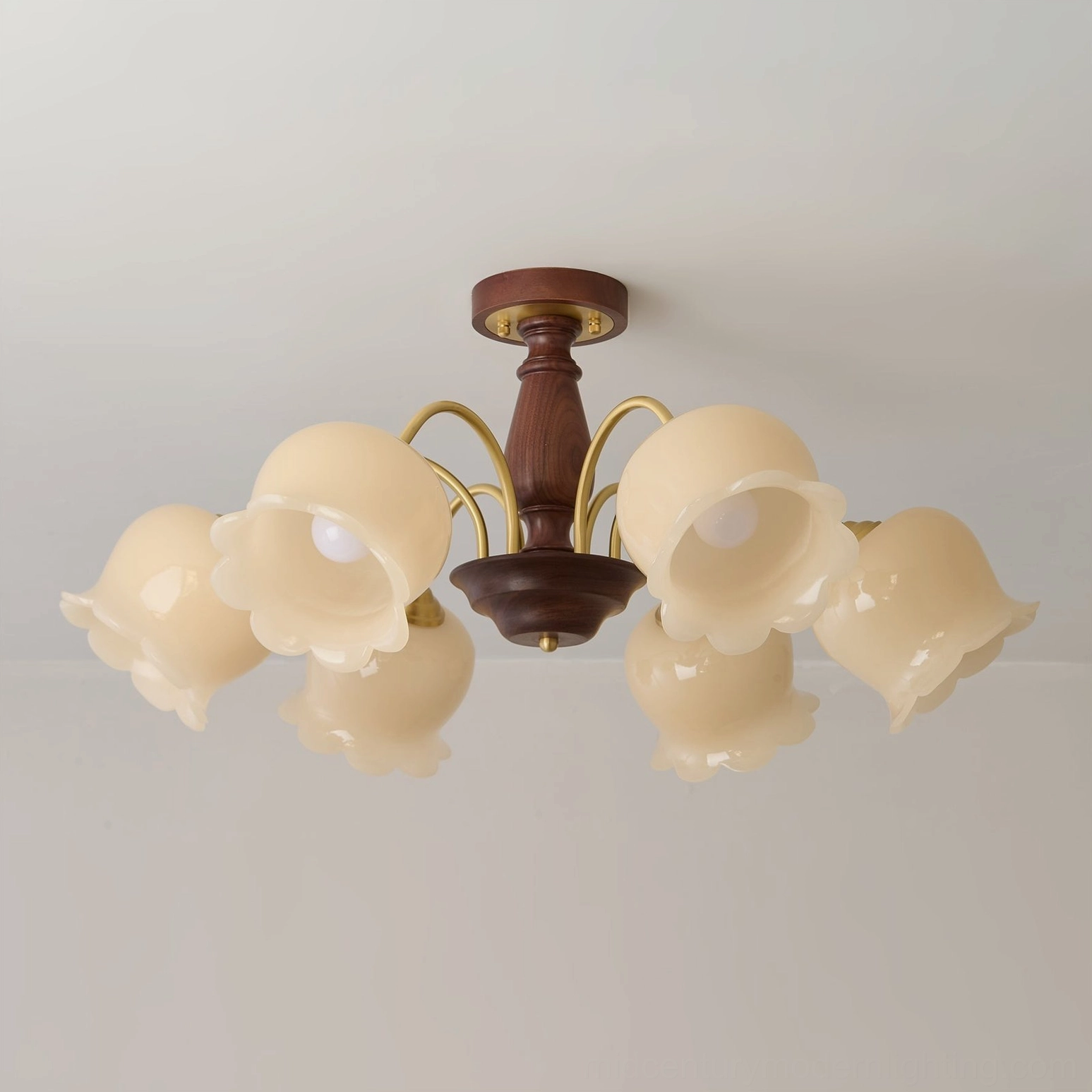 8-head botanical ceiling chandelier with full brass framework, walnut central support, cream-colored glass flower shades