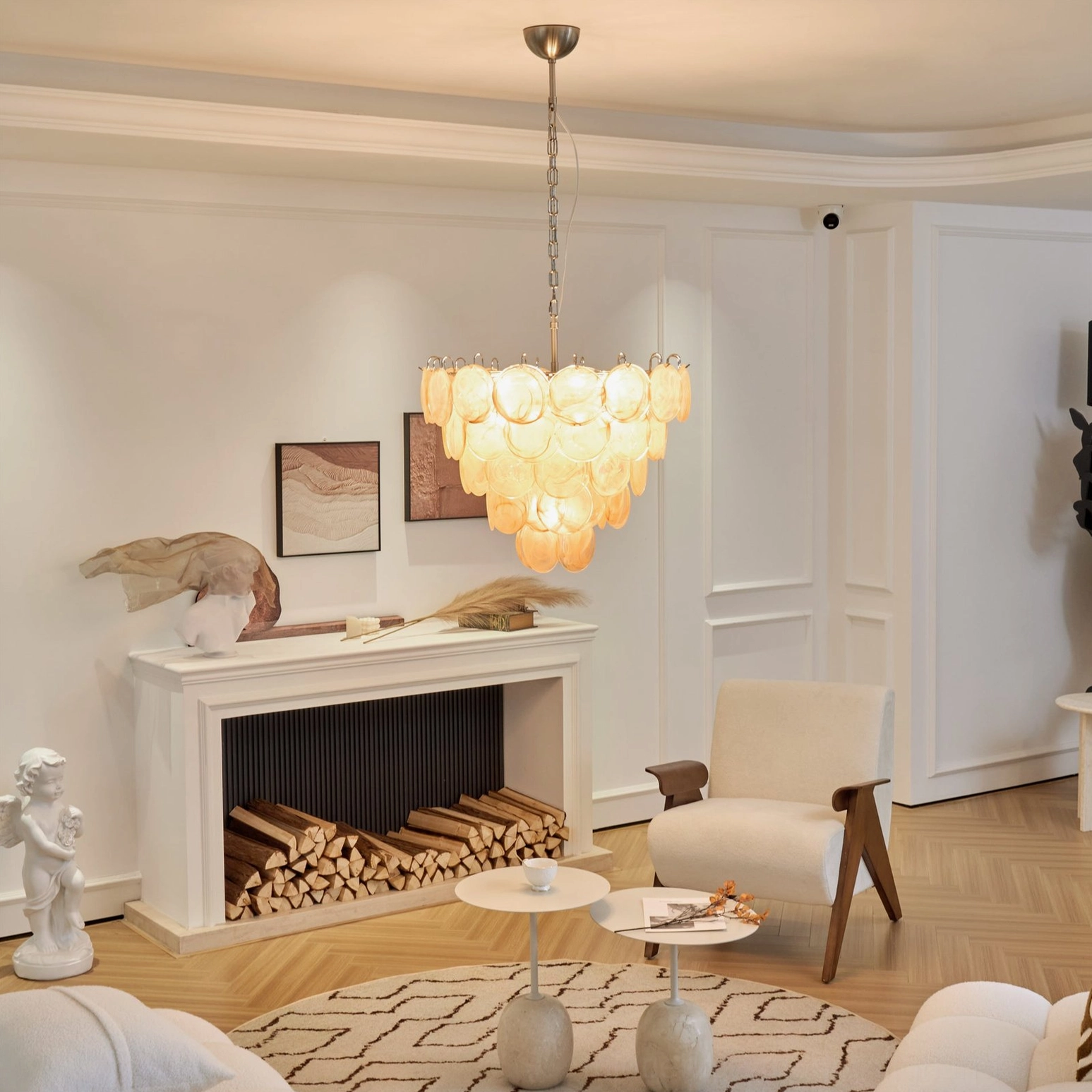 Murano caramel disc chandelier architectural view of glass composition and metal suspension system