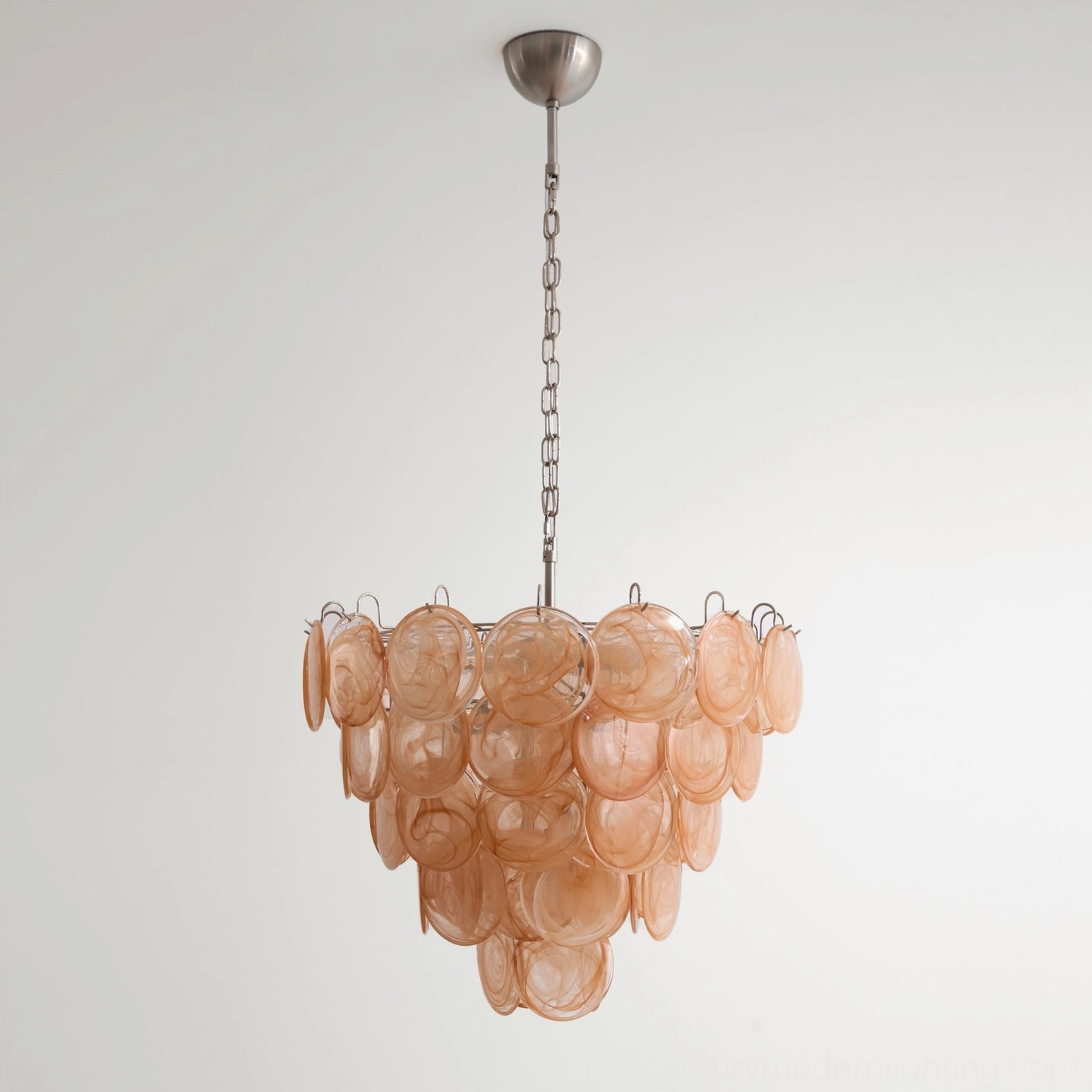 Murano caramel disc chandelier full product view with adjustable hanging chain and nickel fixtures