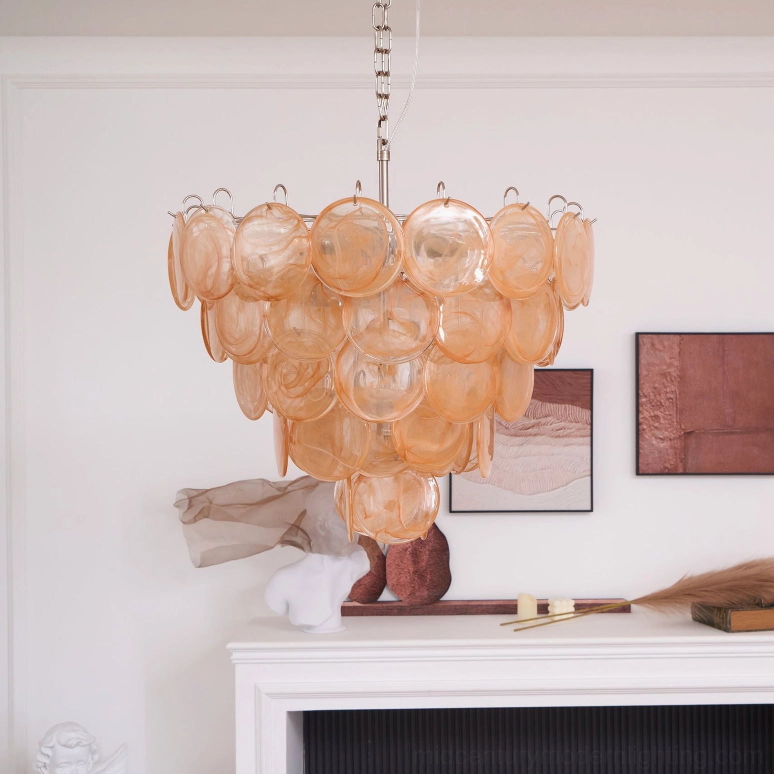 Murano caramel disc chandelier detail shot showing hand-blown glass disc layering and light diffusion