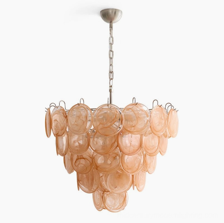 Murano caramel disc chandelier complete hanging installation showing scale and ambient room lighting