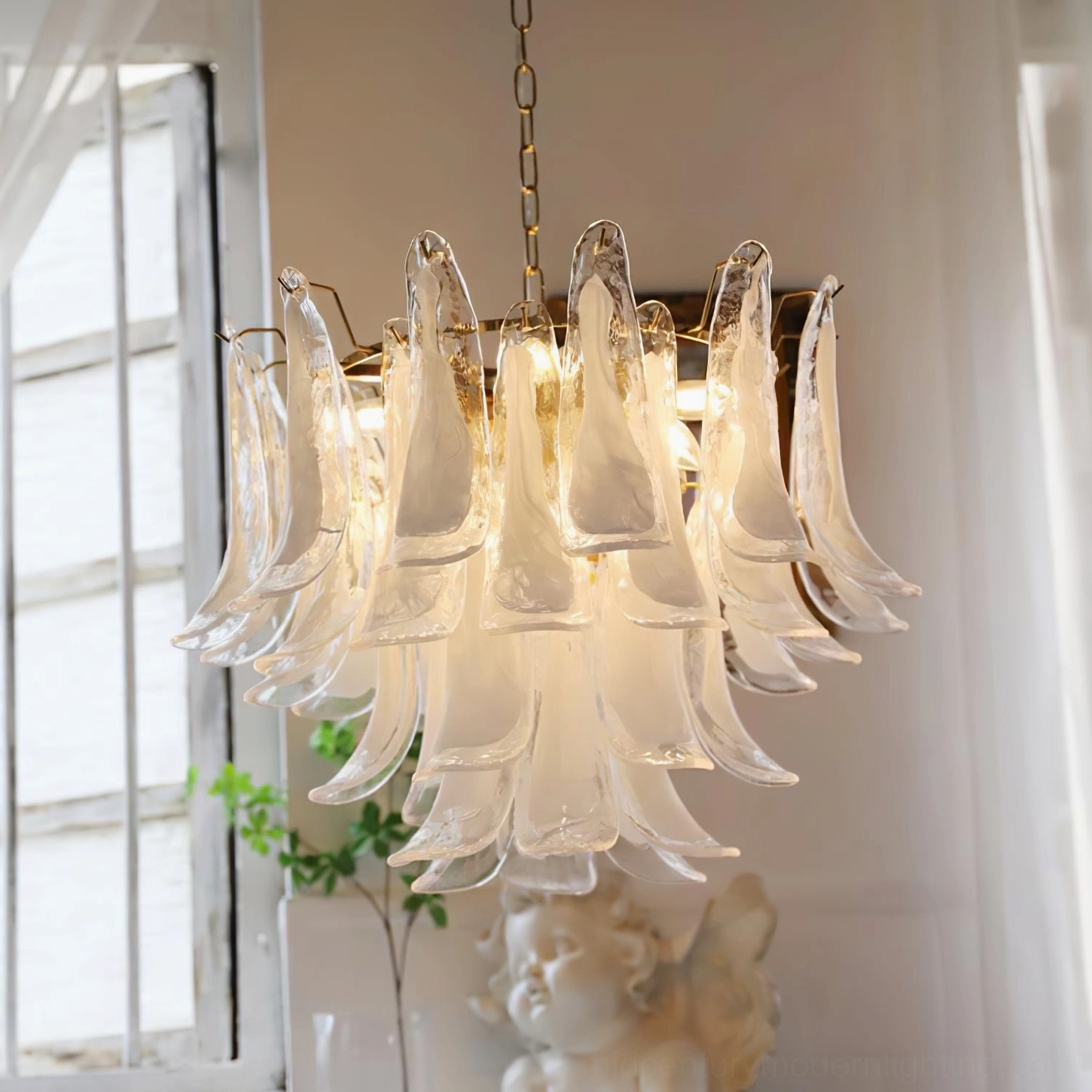Murano petal chandelier 50cm compact dining room size installation
