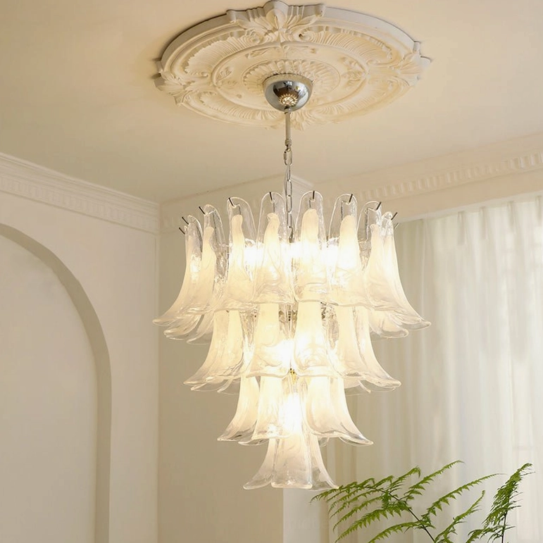 Clear glass Murano-style petal chandelier French bedroom ceiling