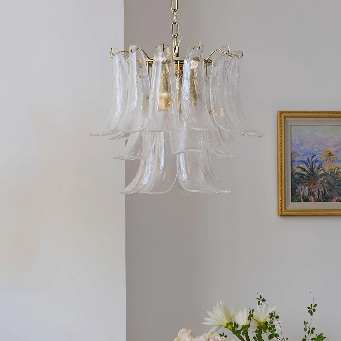 Murano petal chandelier brass metal frame copper hardware detail
