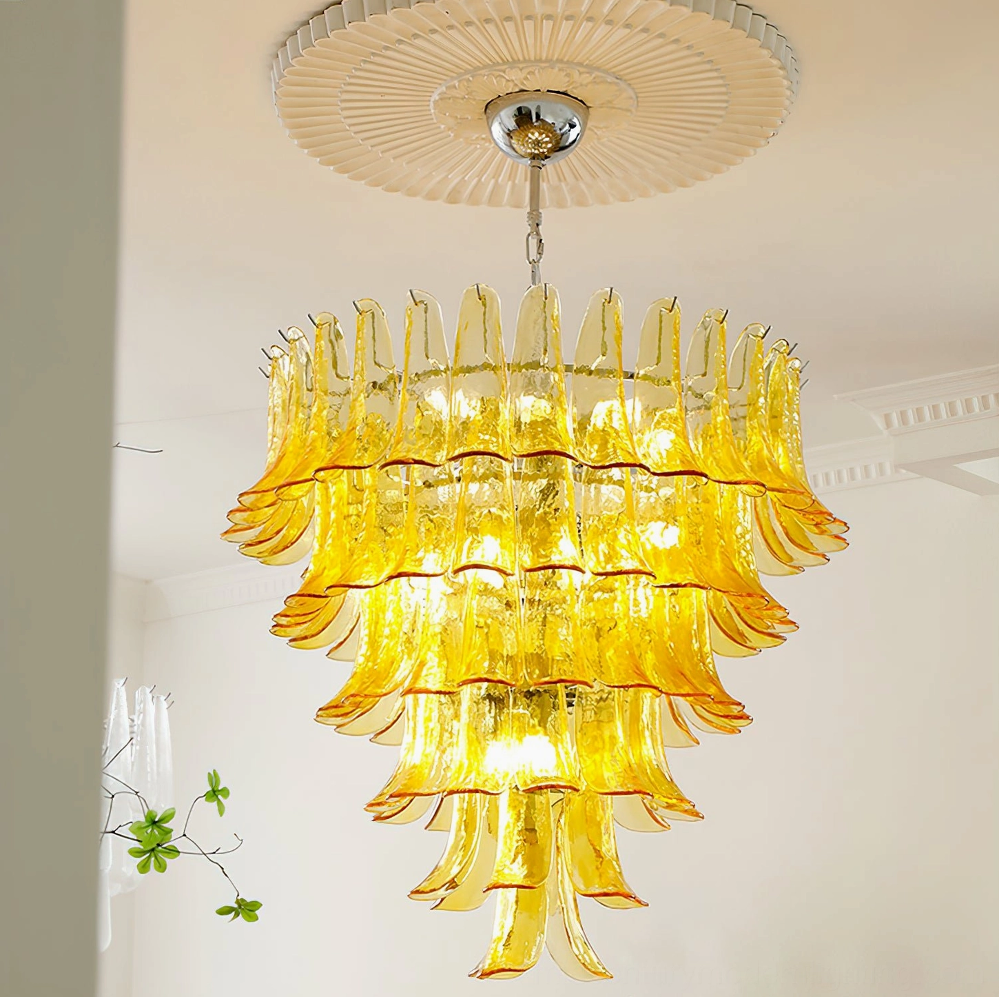 Deep amber Murano glass chandelier French living room three-tier design