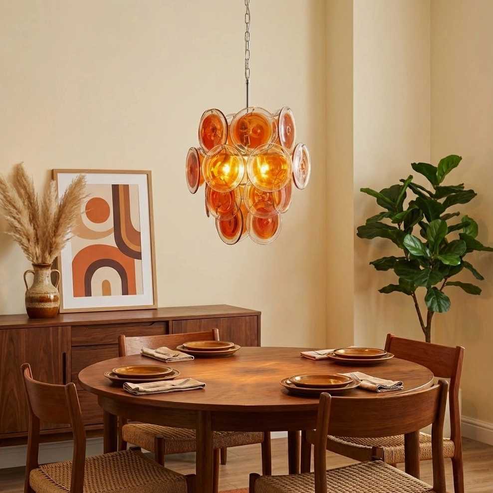 Amber glass disc chandelier cozy dining room with fiddle leaf fig and wooden sideboard