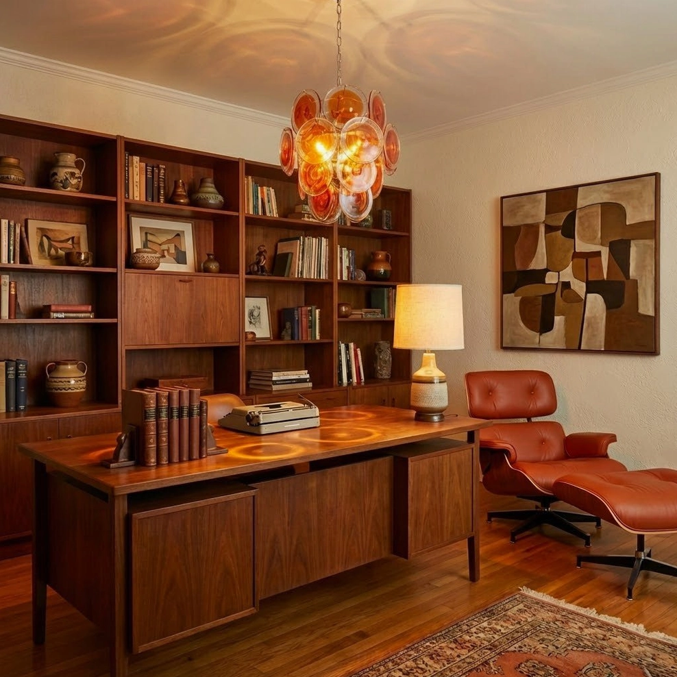 Orange Murano chandelier executive home office leather chair wooden desk bookshelf