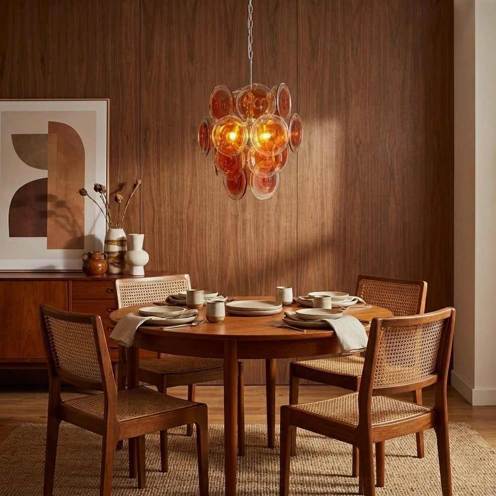 Warm glowing orange glass chandelier wood-paneled dining space modern design