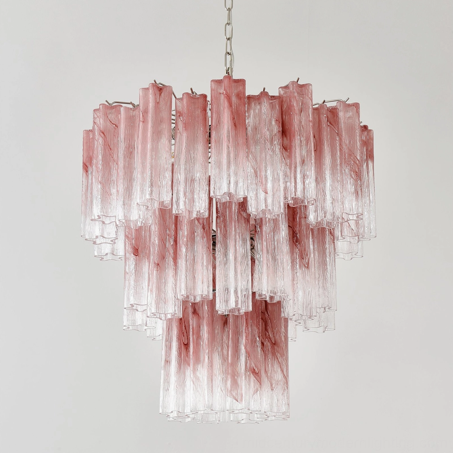 Architectural detail of pink Murano tube chandelier nickel metal frame and suspension hardware