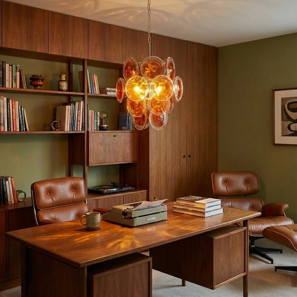 Orange Murano glass chandelier home office mid-century modern leather lounge