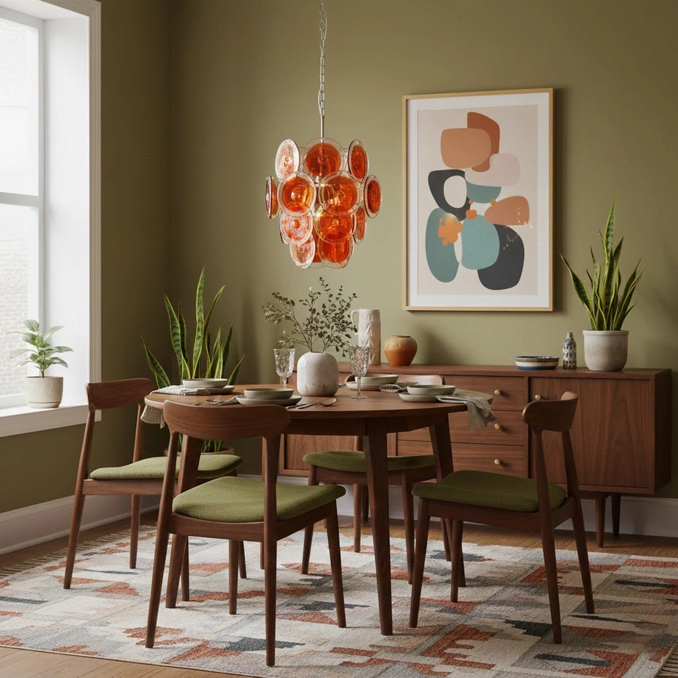 Unlit orange disc chandelier sage green walls mid-century dining nook area rug