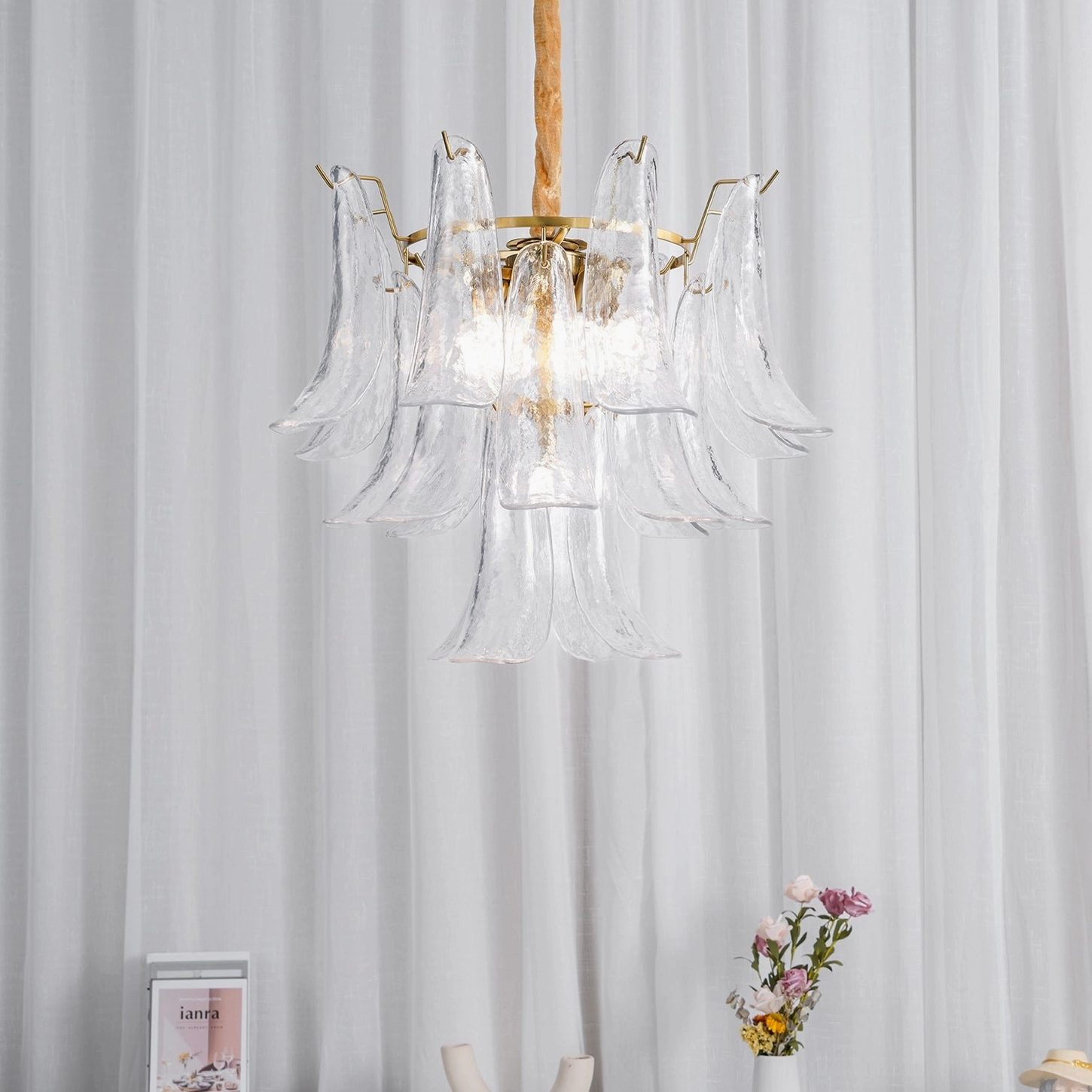 Murano petal chandelier warm light ambience evening atmospheric glow