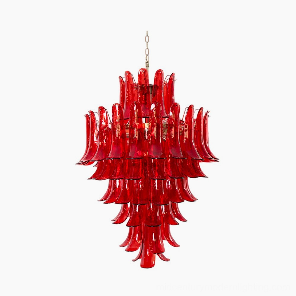 Hand-blown Murano glass chandelier with crimson cascading petals and gold metal frame, full frontal studio view showcasing tiered petal design