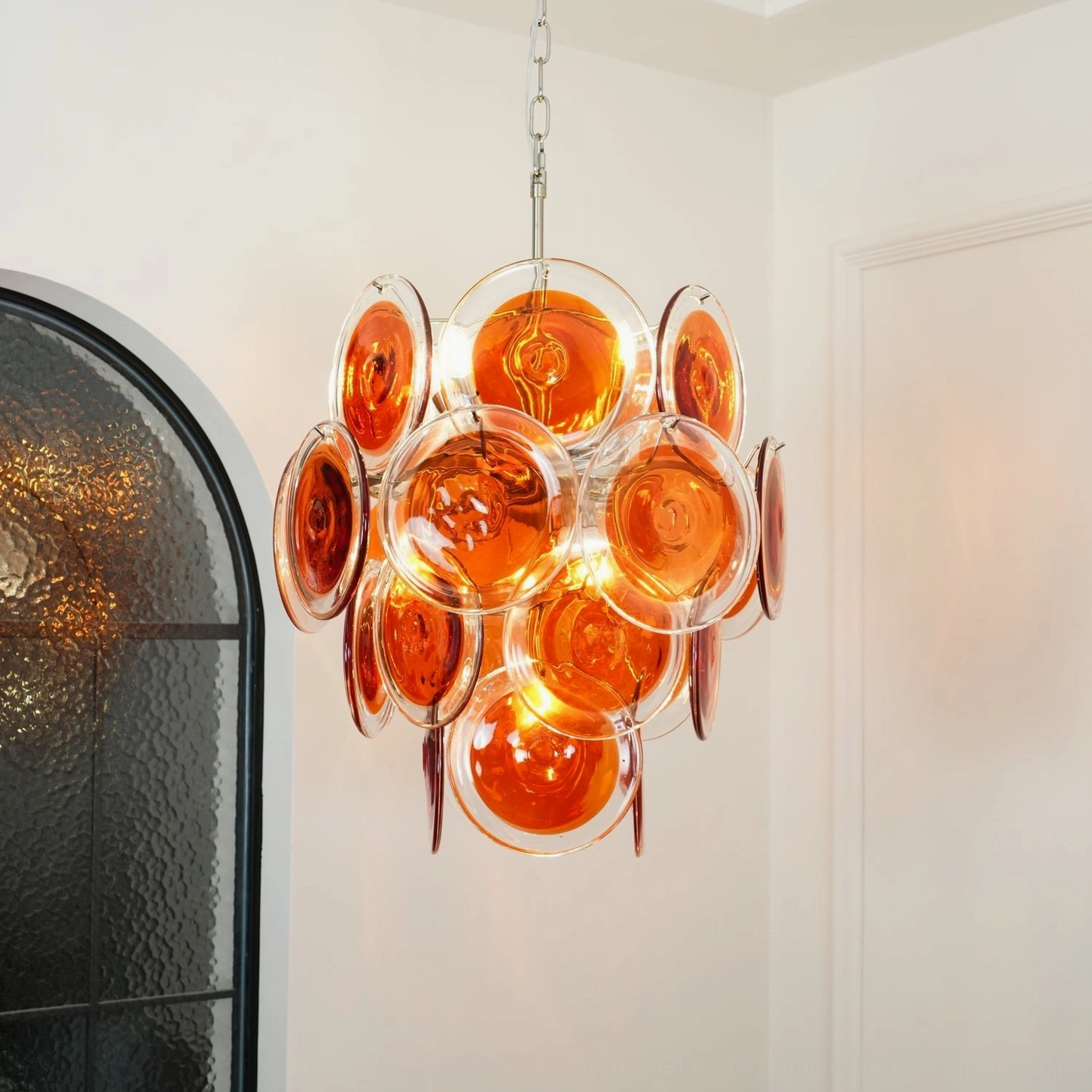 Murano glass chandelier orange discs cascading effect mid-century lighting