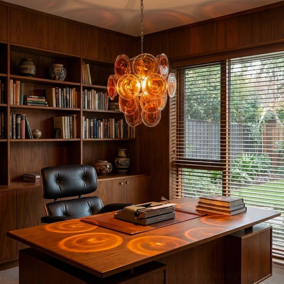 Orange Murano chandelier corner view mid-century study built-in bookshelves window