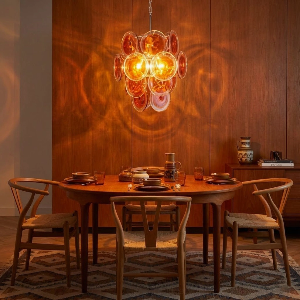 Orange Murano glass disc chandelier detailed view amber colored layers