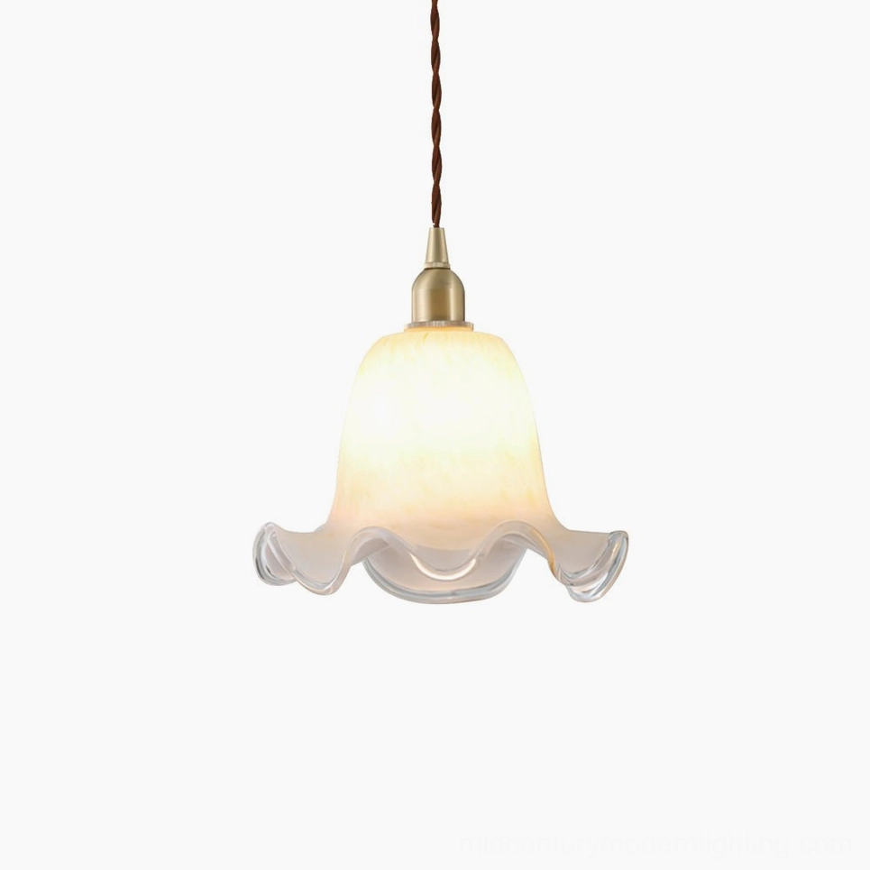 Murano glass bell pendant with brass fittings and twisted brown cord in vintage corner interior