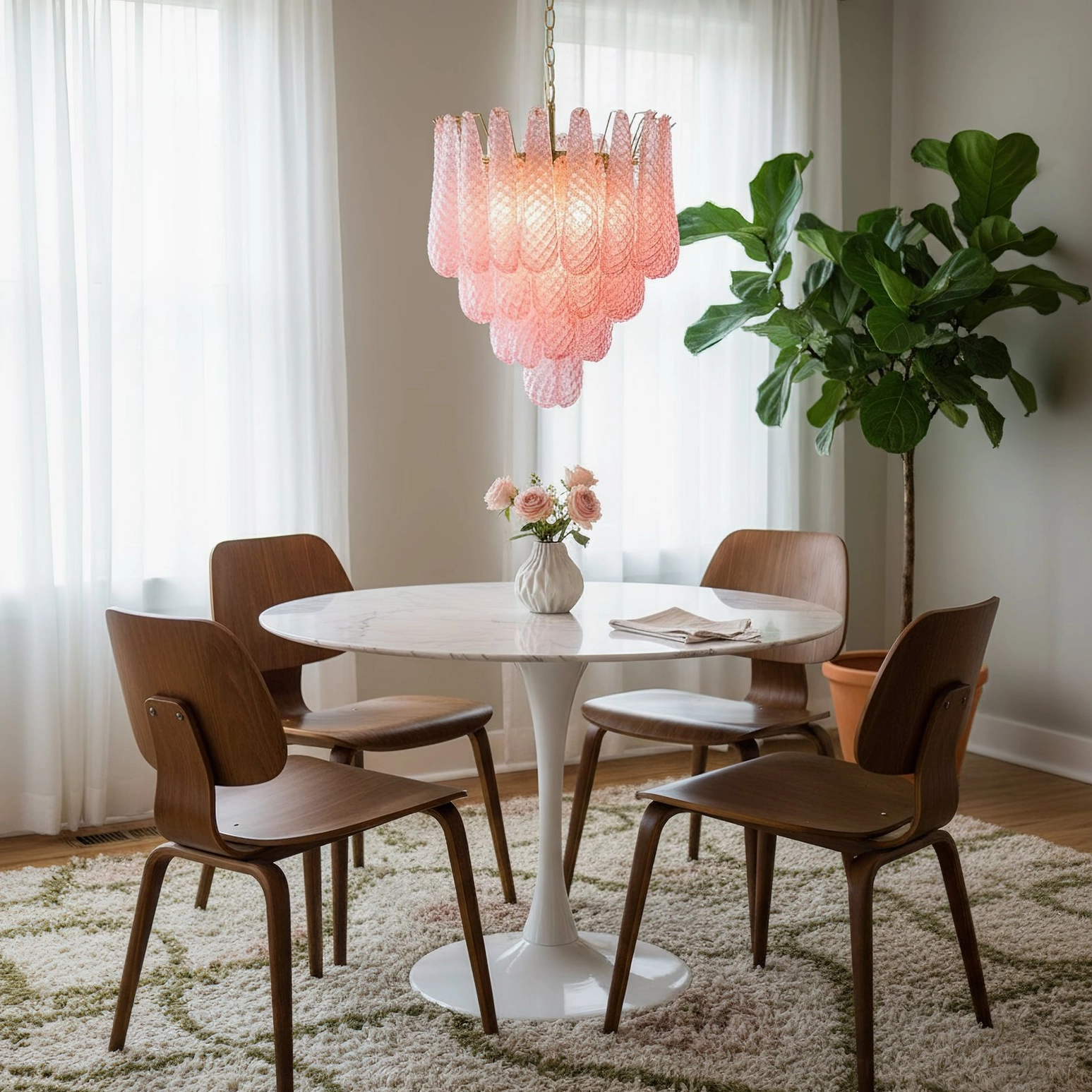 Pink tiered glass chandelier illuminating modern dining room with round white table and fiddle leaf fig