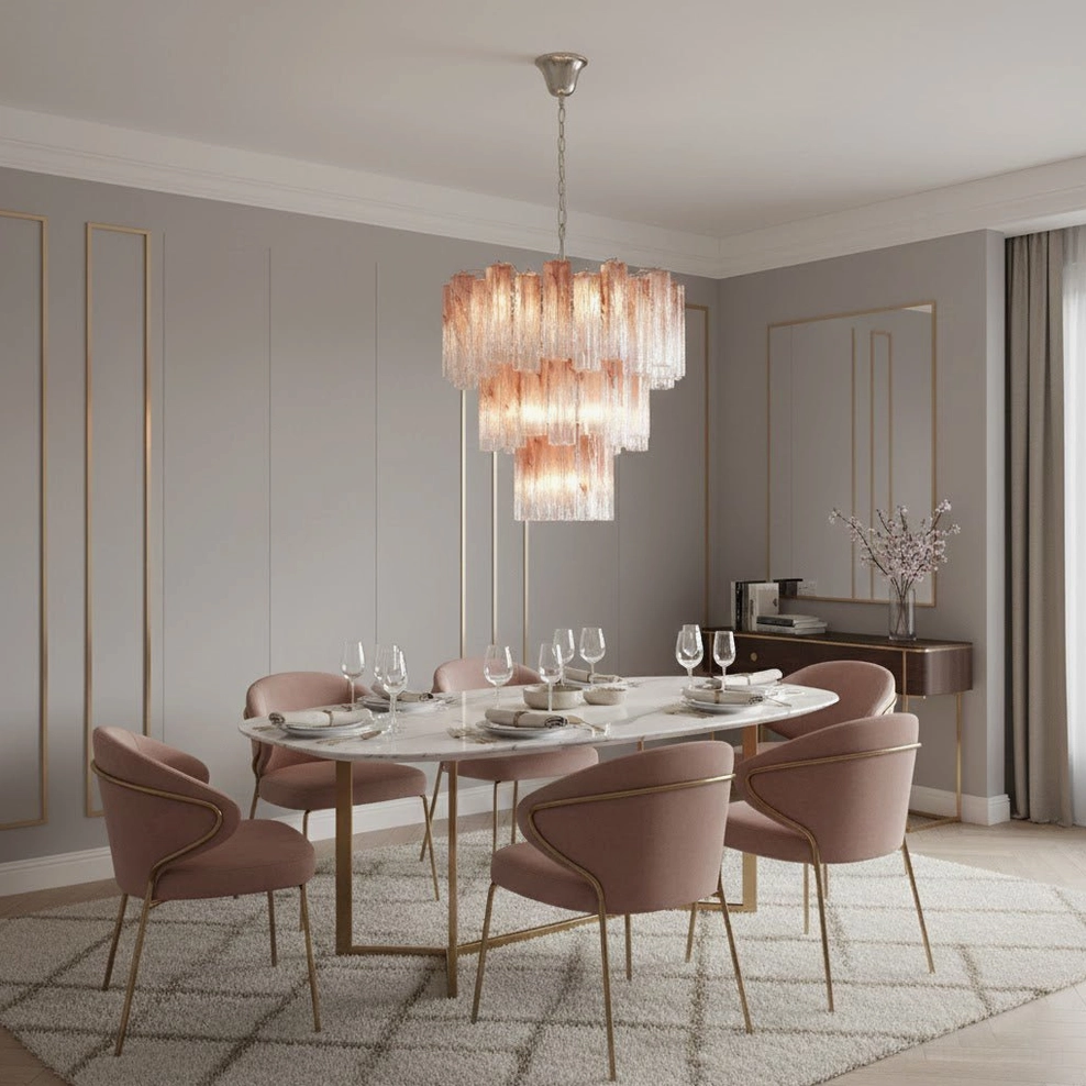 Pink Murano tube chandelier installed in luxury dining room above table with pink upholstered chairs and grey panels