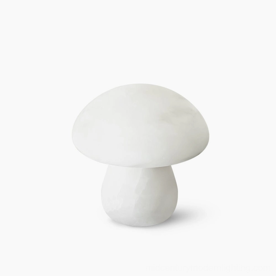 Mushroom alabaster table lamp with organic rounded silhouette, matte white finish, front view on clean background