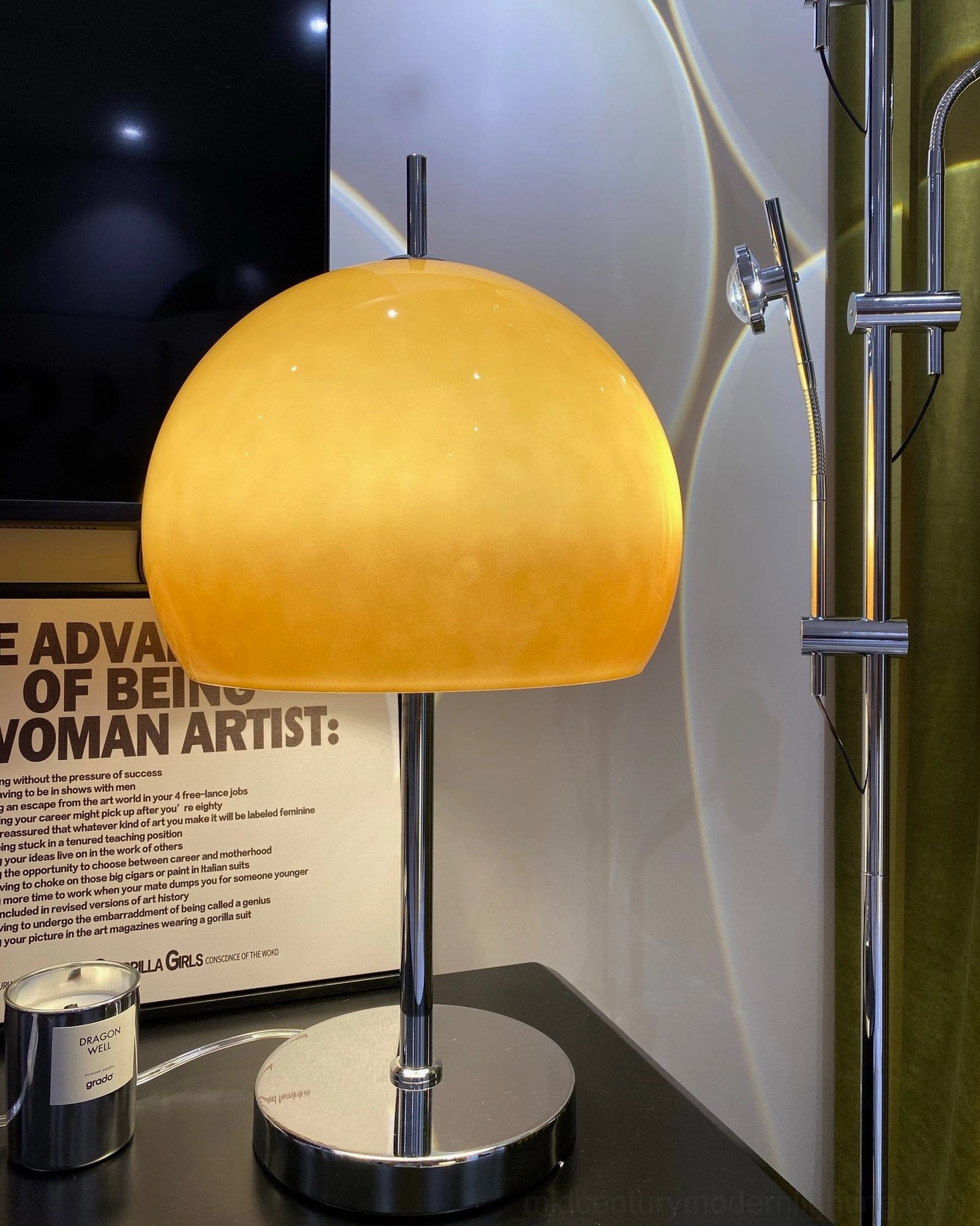 Mushroom lamp accent lighting in contemporary bedroom with multiple design elements