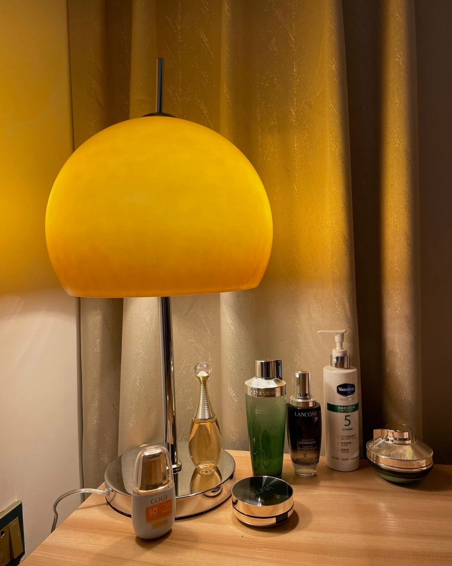 Mushroom table lamp creating ambient illumination in contemporary bedroom interior design