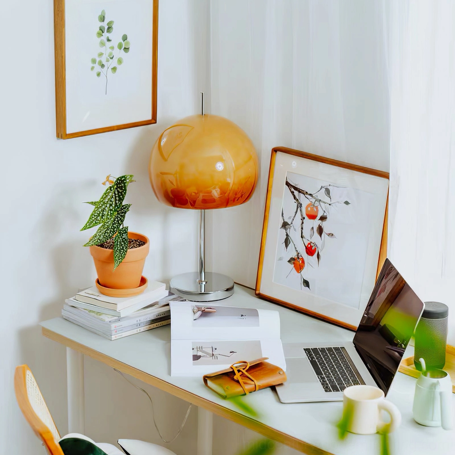 Mushroom table lamp providing ambient lighting in cozy bedroom reading corner nook