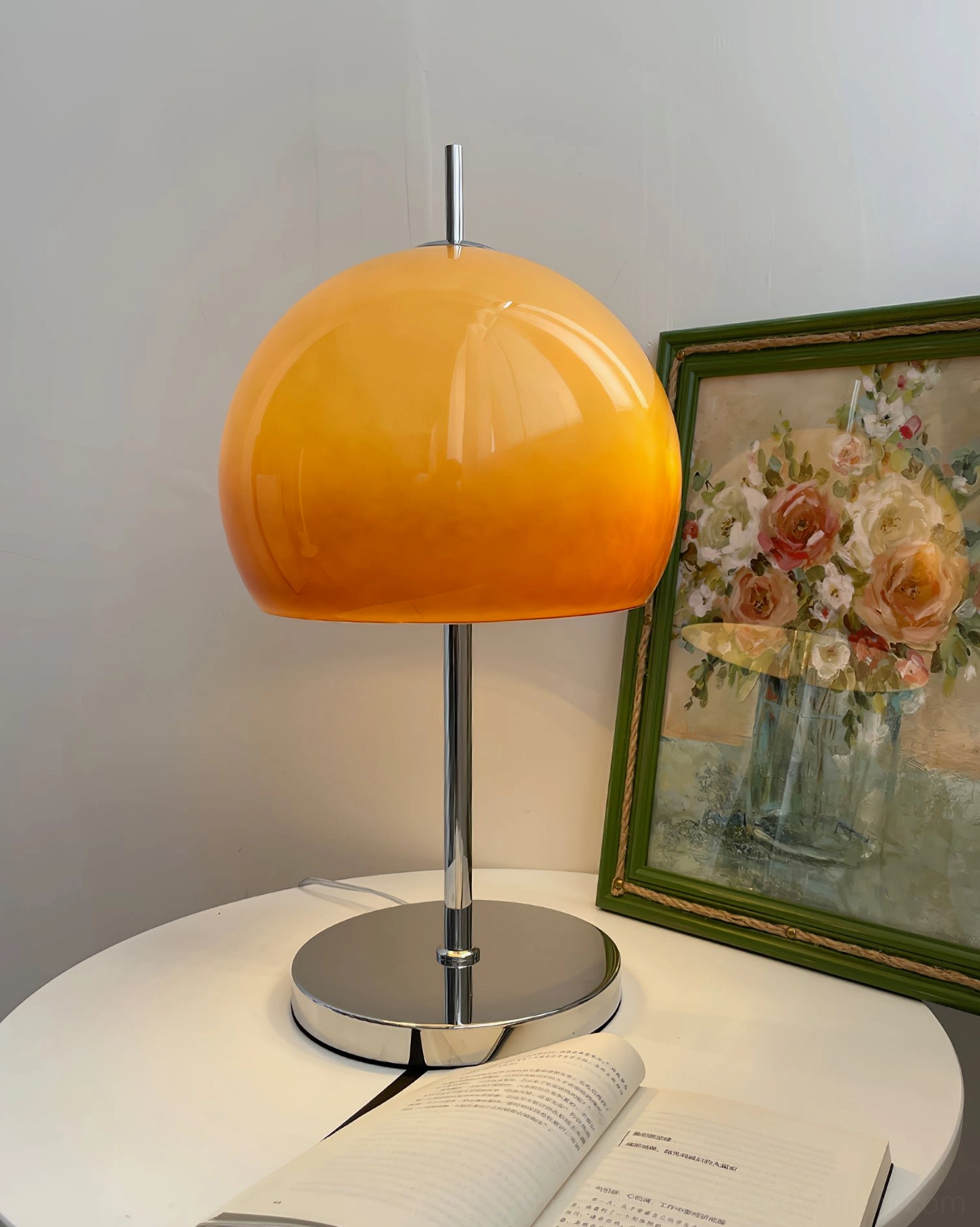 Mushroom table lamp with warm amber lighting in contemporary living room mood setting