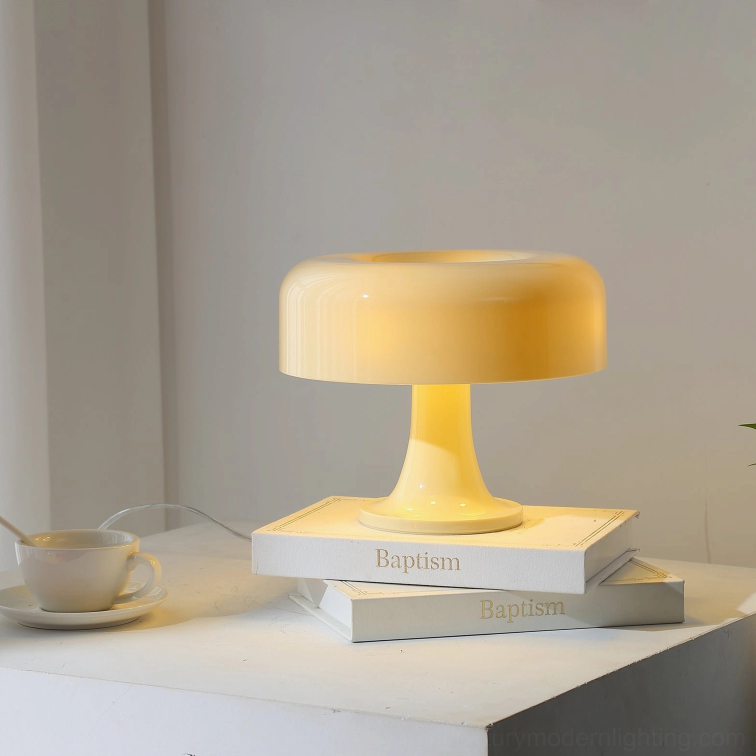 Pop Mushroom table lamp showing glowing acrylic dome with four E14 bulb sockets illuminated from within