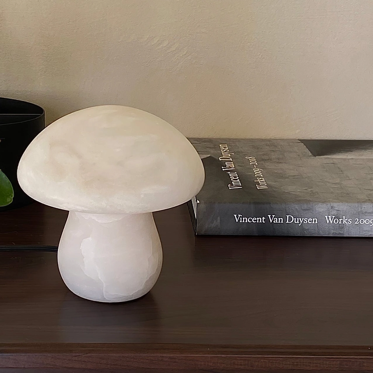 Minimalist mushroom alabaster lamp on dark surface showing sculptural silhouette and natural stone finish