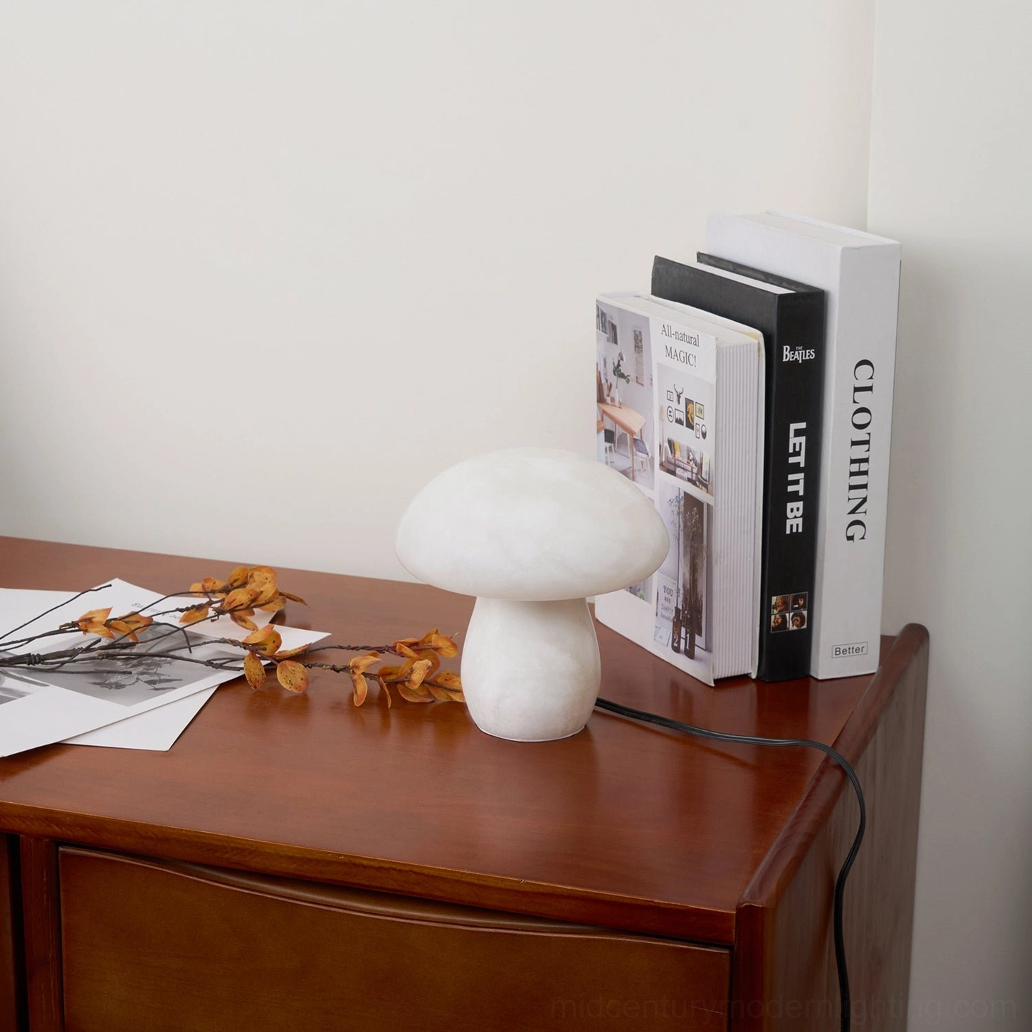 Natural alabaster mushroom lamp demonstrating translucent material beauty and diffused lighting for contemporary home design