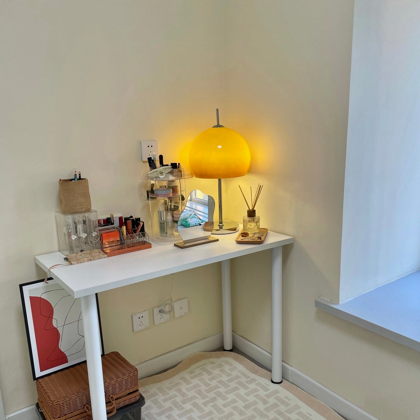 Vintage mushroom table lamp accent lighting in home office desk organization setup