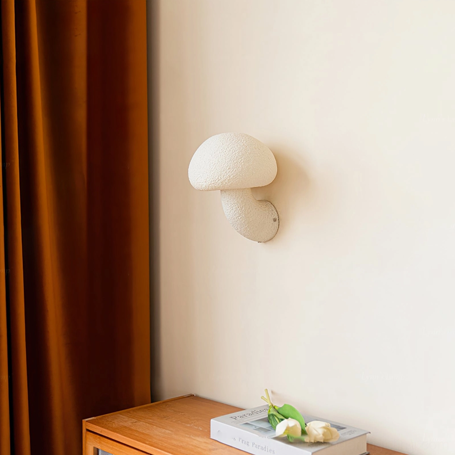 Mushroom resin wall lamp in bedroom corner with wooden side table - cozy minimalist home decor style