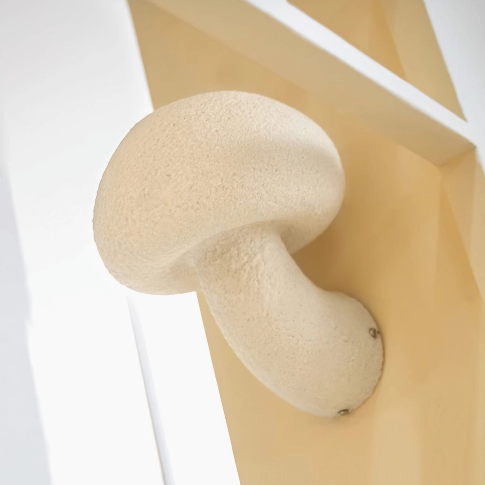 Mushroom resin wall lamp low-angle side view mounted on interior beam wall - contemporary home lighting