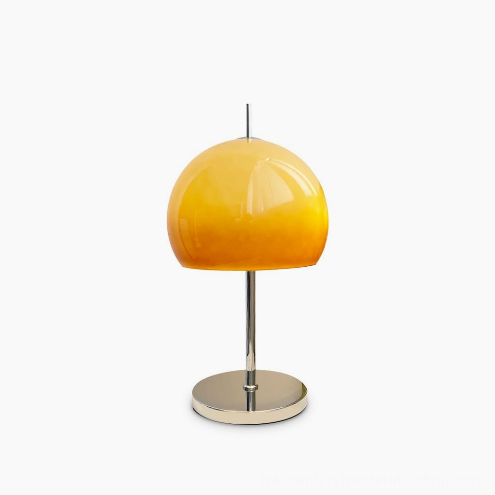 Vintage mushroom table lamp with amber gradient acrylic dome shade and chrome metal base, front studio view