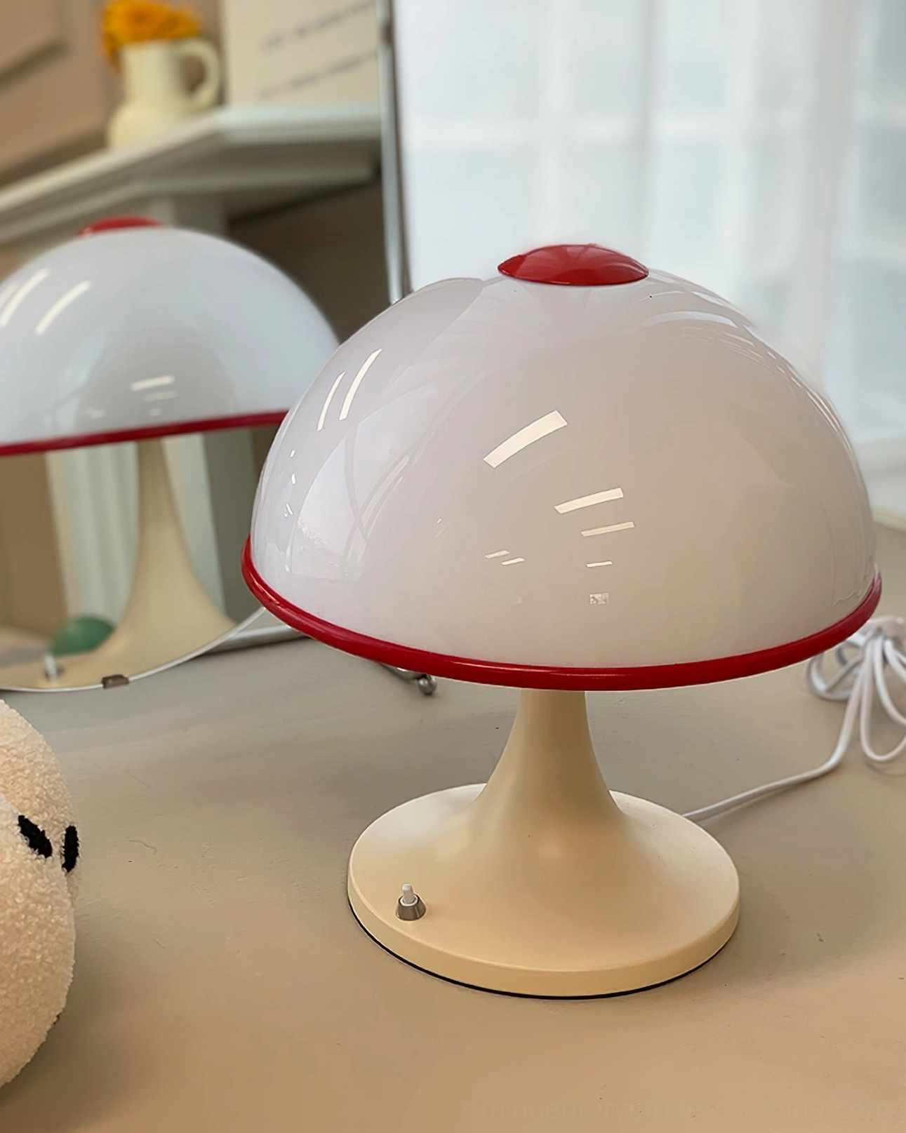 Retro mushroom table lamp beige opaline shade, warm 1970s aesthetic