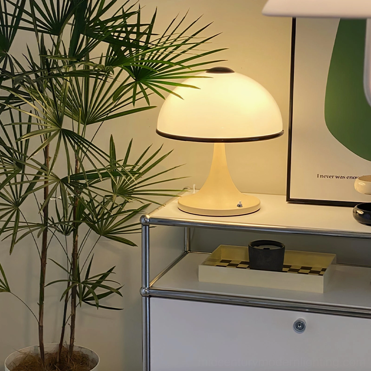 Black and white mushroom table lamp beside green potted plant on storage cabinet