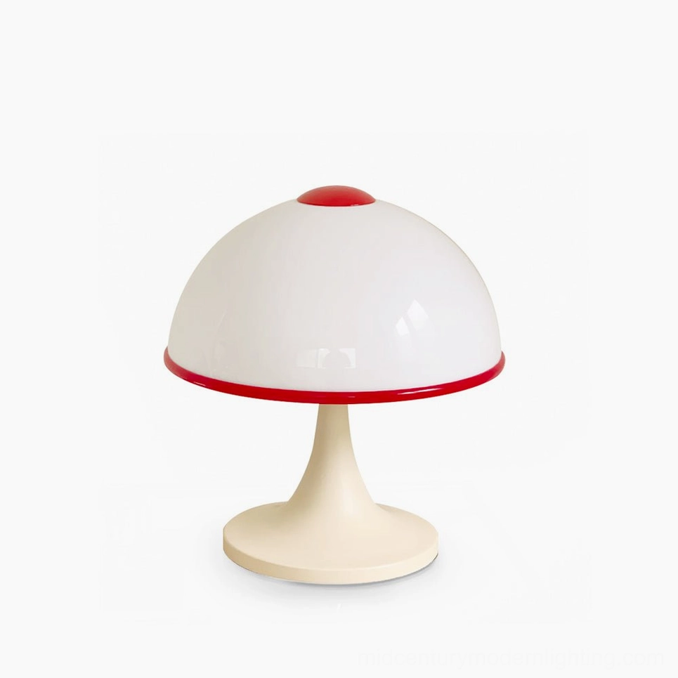 Retro mushroom table lamp with cream white and red trim, front studio view on white background
