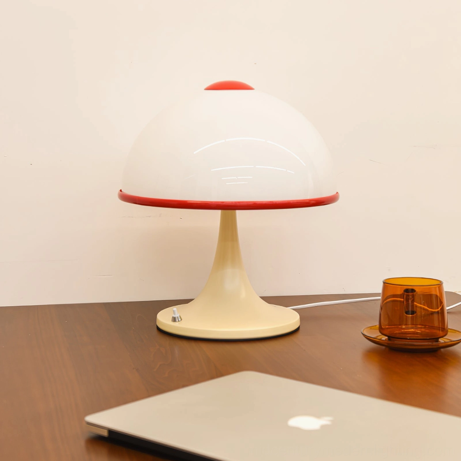 Retro mushroom table lamp on home office desk with laptop and coffee cup